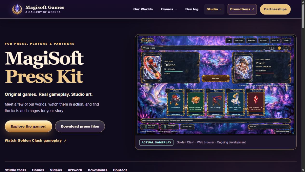 The MagiSoft Press Kit leads with a Golden Clash gameplay image, download links, and the new Promotions navigation link.