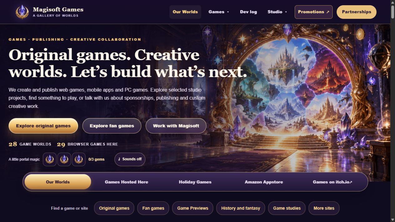 The MagiSoft homepage has a smaller heading over its portal painting, with three collectible gems and an optional Sounds control.