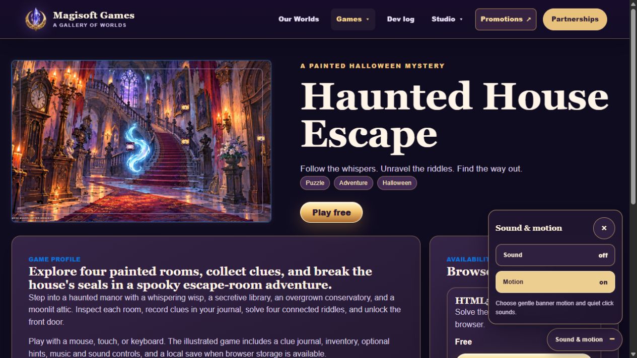 The Haunted House Escape game profile shows its existing painted game cover beside the shared Sound and Motion settings.