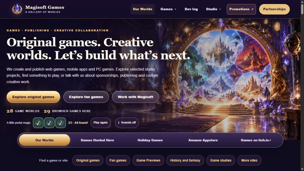 All three homepage portal gems are checked, with 3/3 All found, Play again, and Sounds off controls.