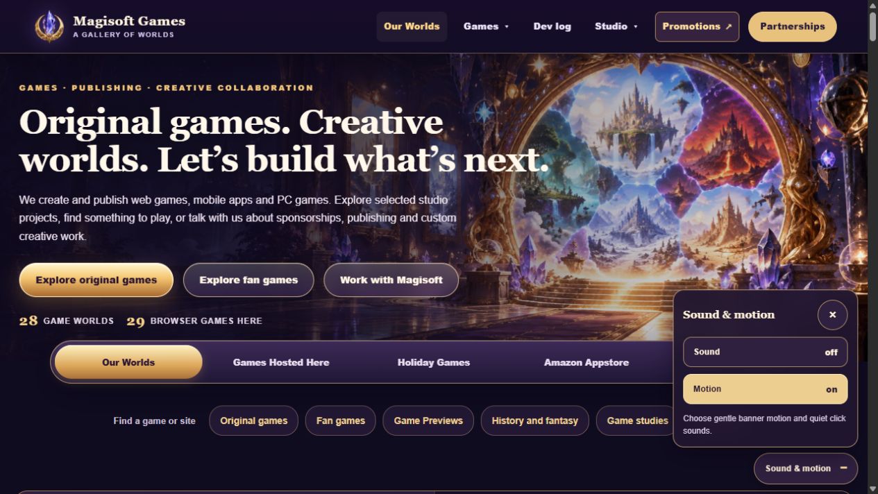 The compact MagiSoft homepage without the gem game, with its shared Sound and Motion settings open.
