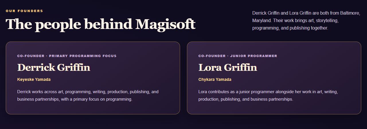 The About Us founder cards for Derrick Griffin, Keyeske Yamada, and Lora Griffin, Chykara Yamada, including their programming and creative roles.