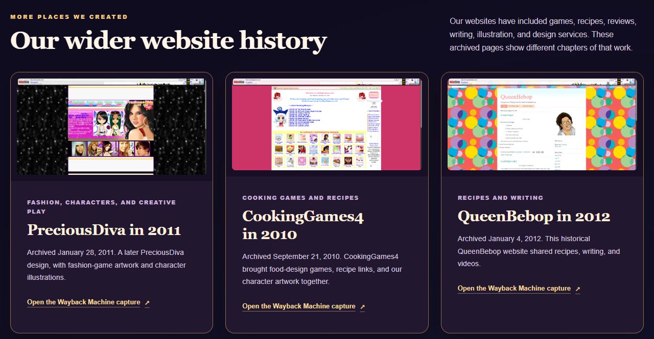 The expanded About Us archive gallery showing the PreciousDiva, CookingGames4, and QueenBebop historical website cards with capture dates and Wayback links.