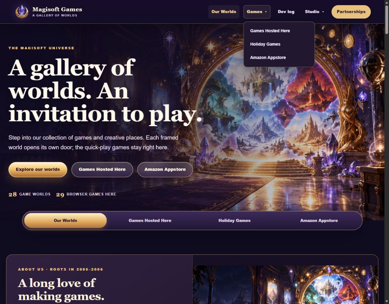 The Magisoft homepage with a single-row desktop header and the Games dropdown showing hosted games, Holiday Games, and Amazon Appstore.
