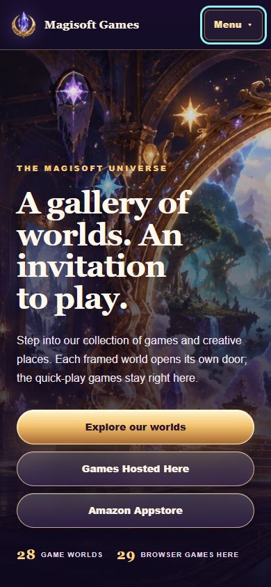 The Magisoft homepage on a phone-sized screen, with the logo and a single Menu button above the game-world artwork.