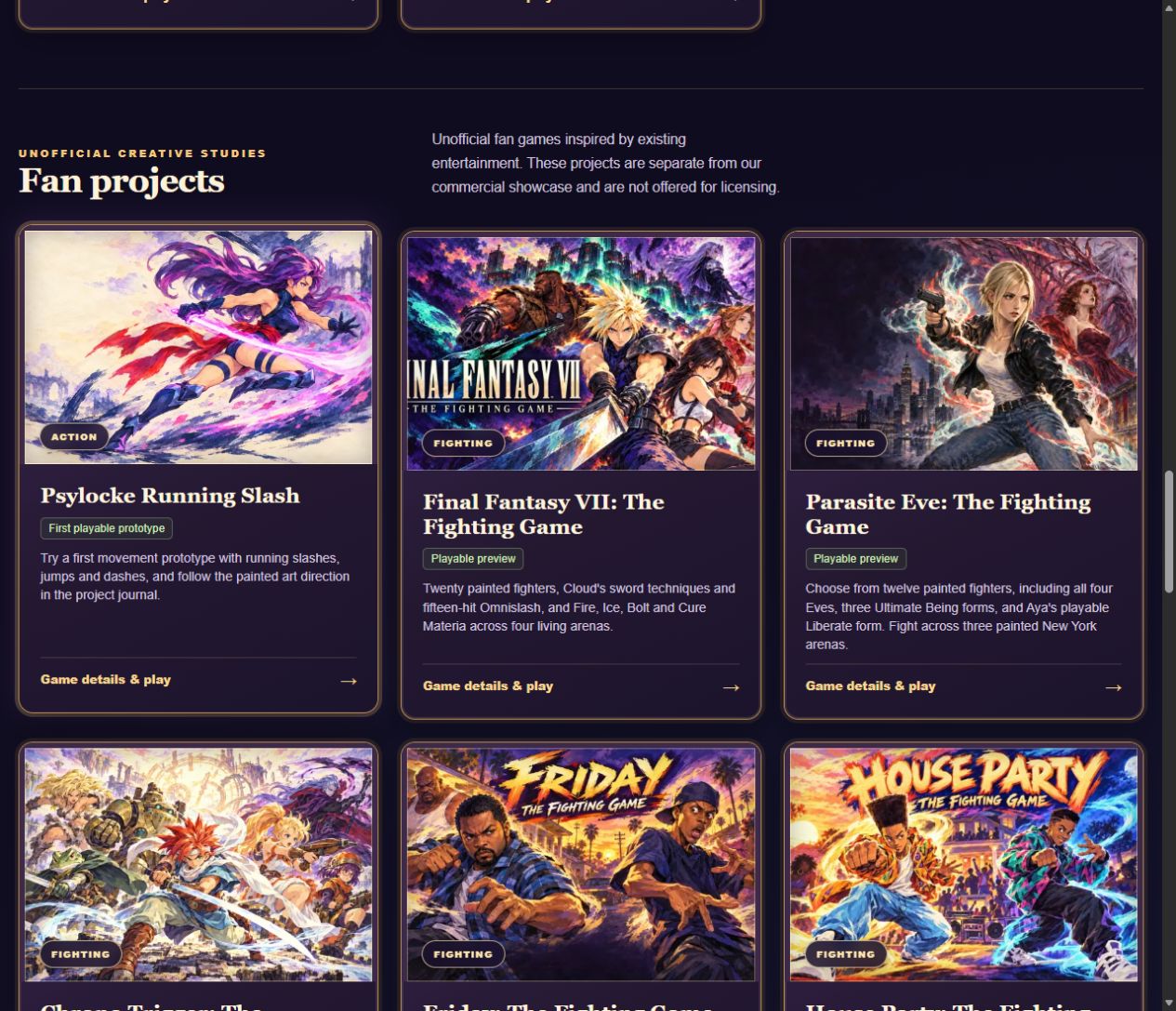 The hosted collection has a separate Fan projects heading, an unofficial-project explanation and cards with current preview status.