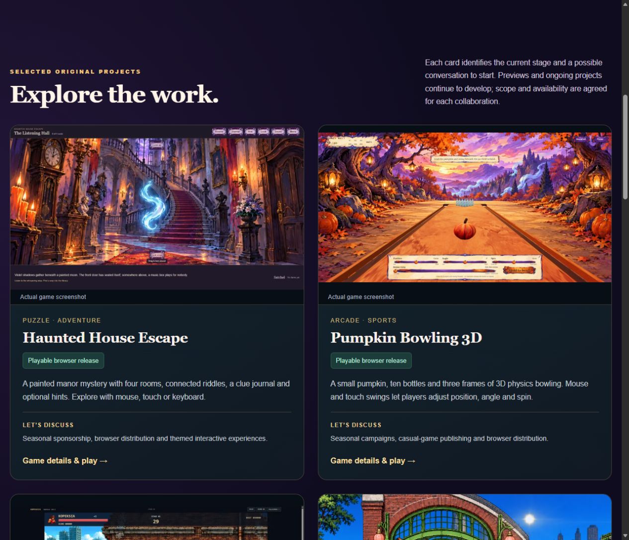 The original-games showcase displays actual Haunted House Escape and Pumpkin Bowling screenshots, current playable status and possible partnership topics.