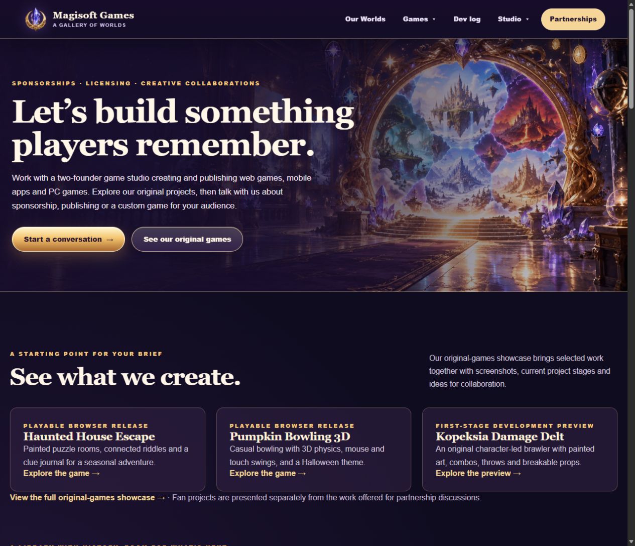 The Partnerships page introduces the studio and links to original games, followed by three selected project examples with their current stages.