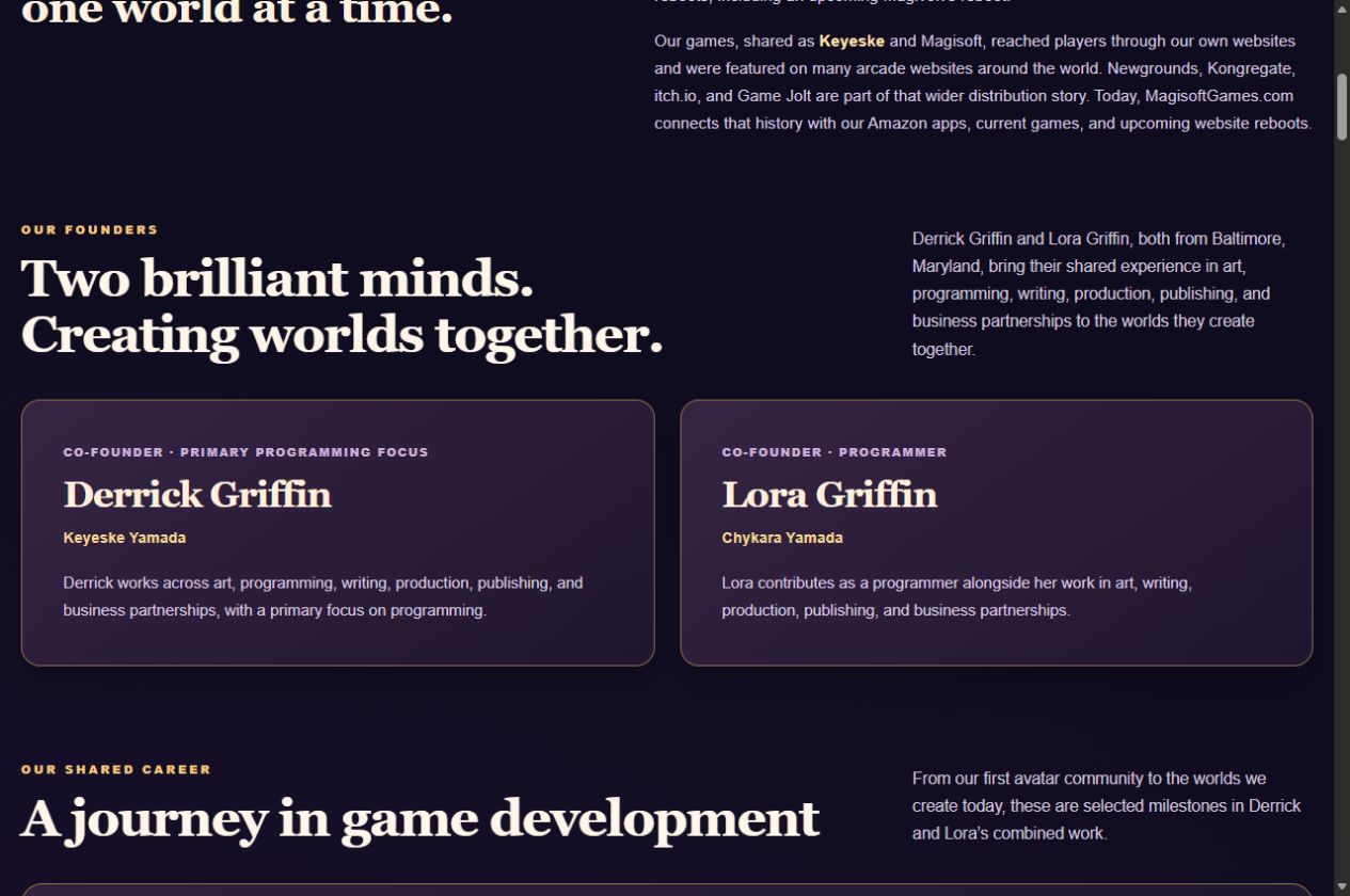 The updated founder introduction, Two brilliant minds. Creating worlds together, with Lora Griffin identified as Co-founder and Programmer.