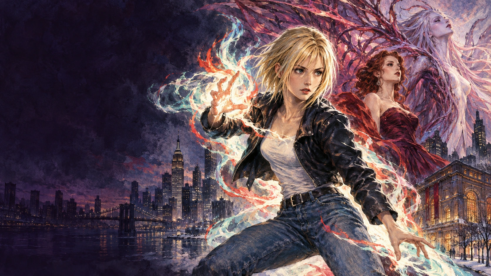 Painted Parasite Eve fighting-game cover with Aya Brea and Eve above a New York skyline.