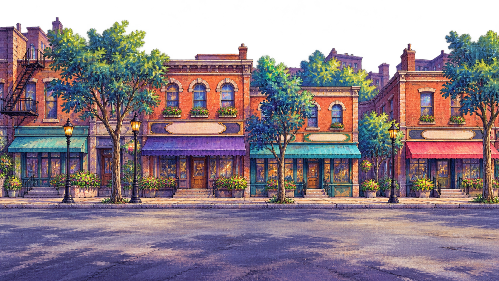 Vivid downtown street with purple and teal awnings