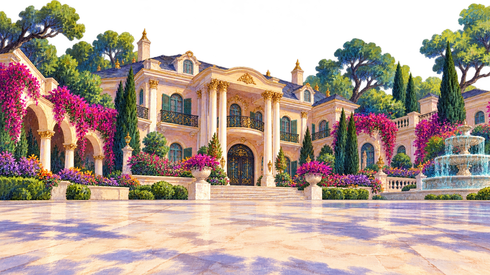 Gold mansion with magenta gardens and turquoise fountain