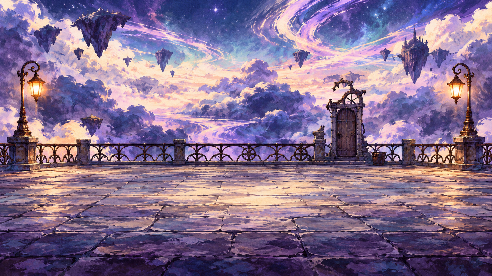The lamplit stone platform at the End of Time.