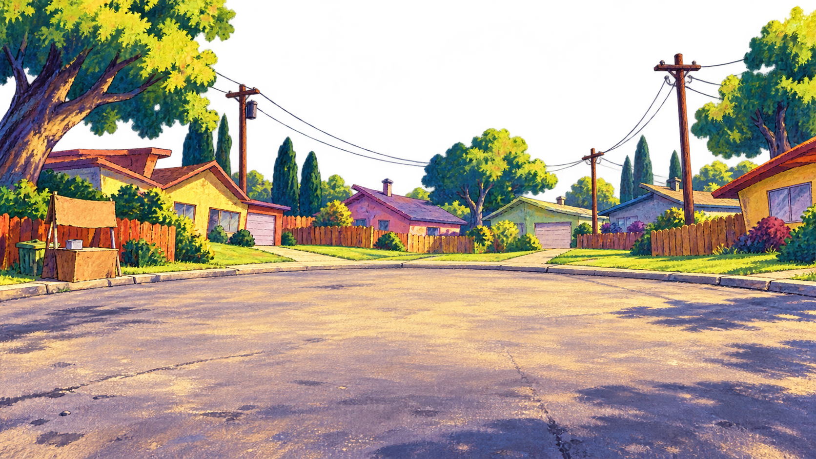 Painted neighborhood cul-de-sac with crooked trees, colorful houses and a clear street