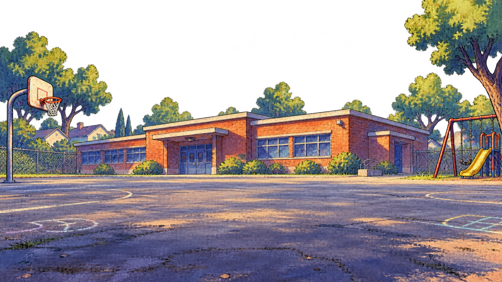 Painted brick school, basketball court and playground behind a wide asphalt lane