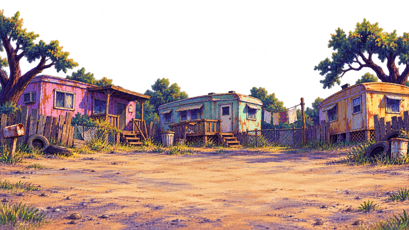 Painted scruffy trailer park, laundry lines and an open gravel fighting area