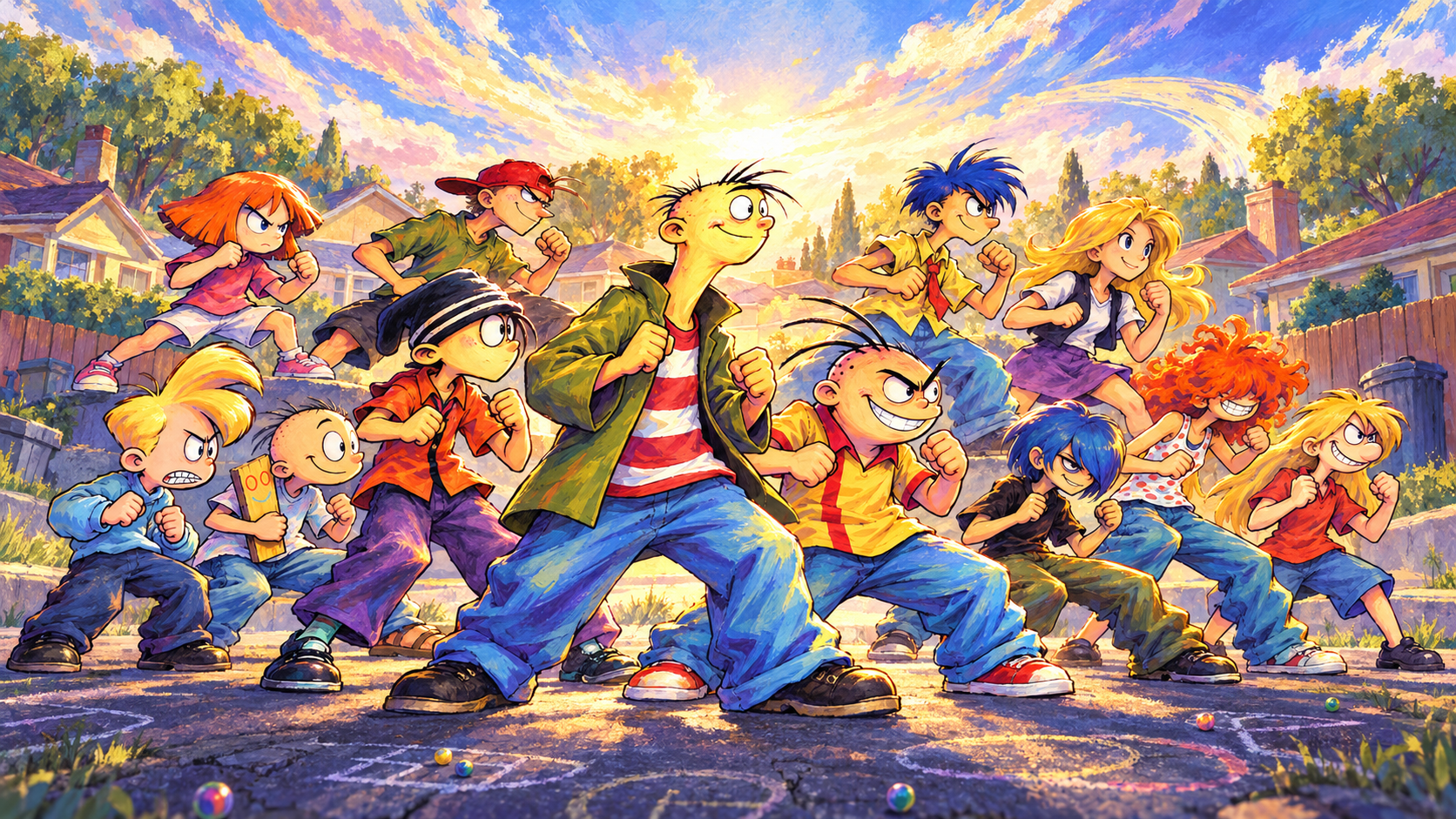Ed, Edd, Eddy, Kevin, Rolf, Sarah, Jimmy, Jonny and Plank, Nazz, Lee, Marie, and May gather for a painted neighborhood showdown.
