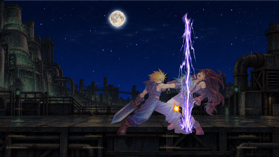 Actual gameplay: Cloud casts purple Bolt lightning onto Tifa under the Midgar night sky