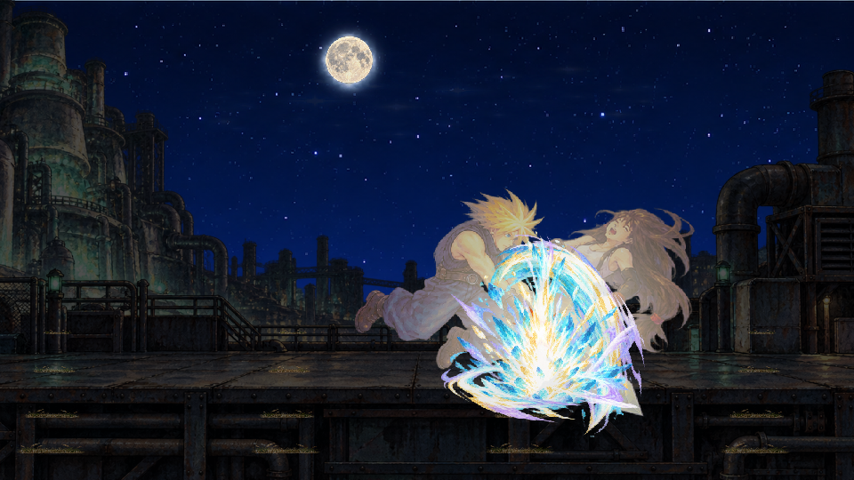 Actual gameplay: Cloud finishes Omnislash against Tifa in Midgar at night