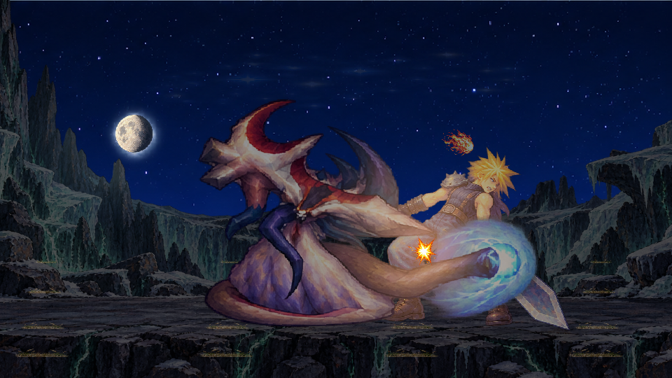 Actual nighttime gameplay showing the giant illustrated Jenova striking Cloud with Fire Materia and lighting both fighters