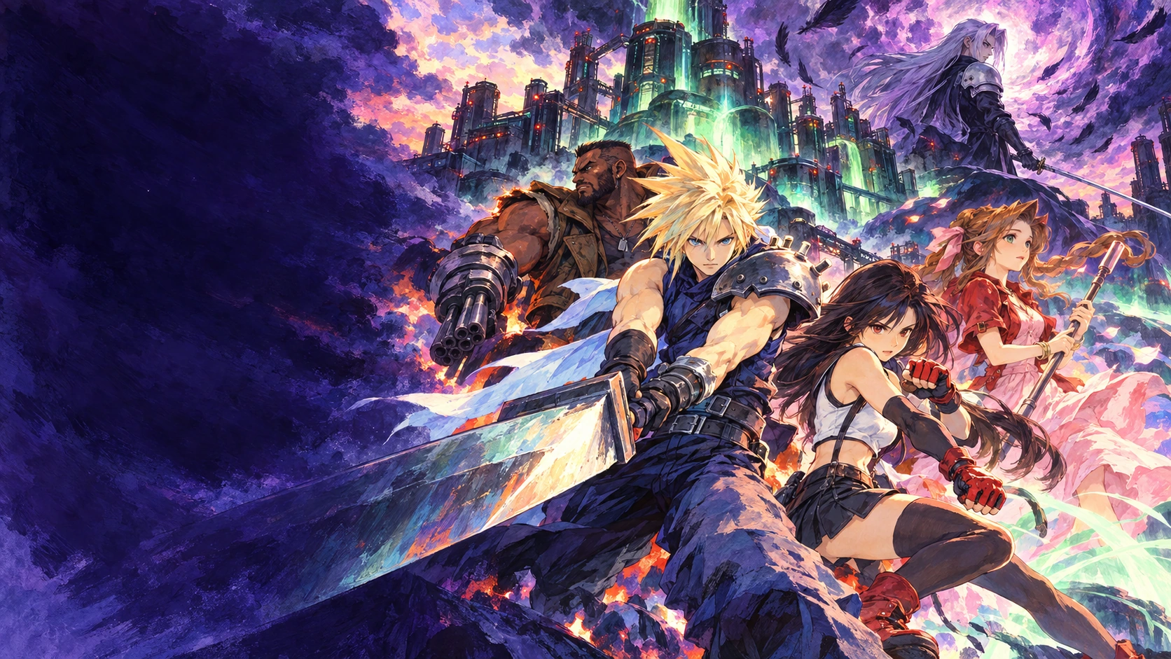 The original painted cover: Cloud, Tifa and Aerith above Midgar, with Sephiroth beyond