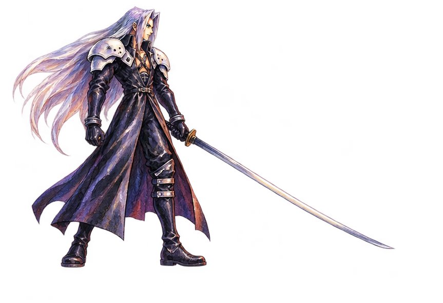 Painted Sephiroth ready stance holding a long Masamune with the entire sword visible
