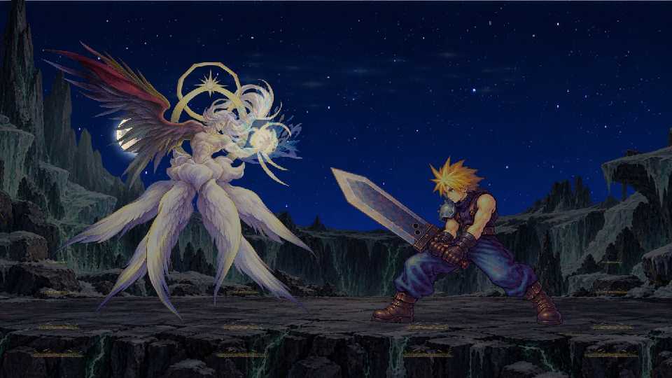 Actual gameplay showing winged Safer Sephiroth charging Super Nova across from Cloud at night