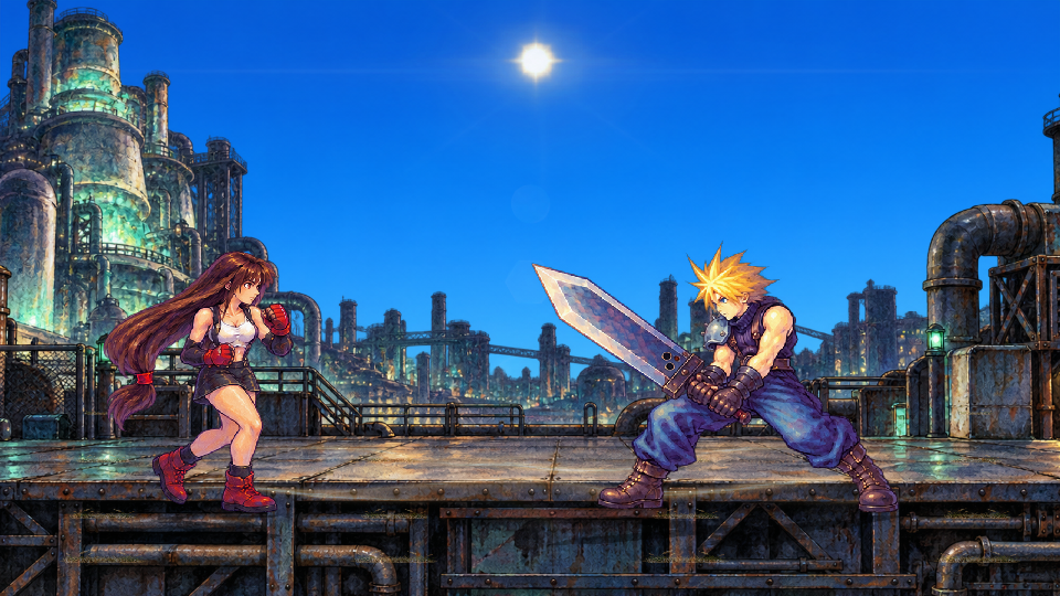 Actual gameplay showing Tifa stepping forward across the Midgar arena toward Cloud