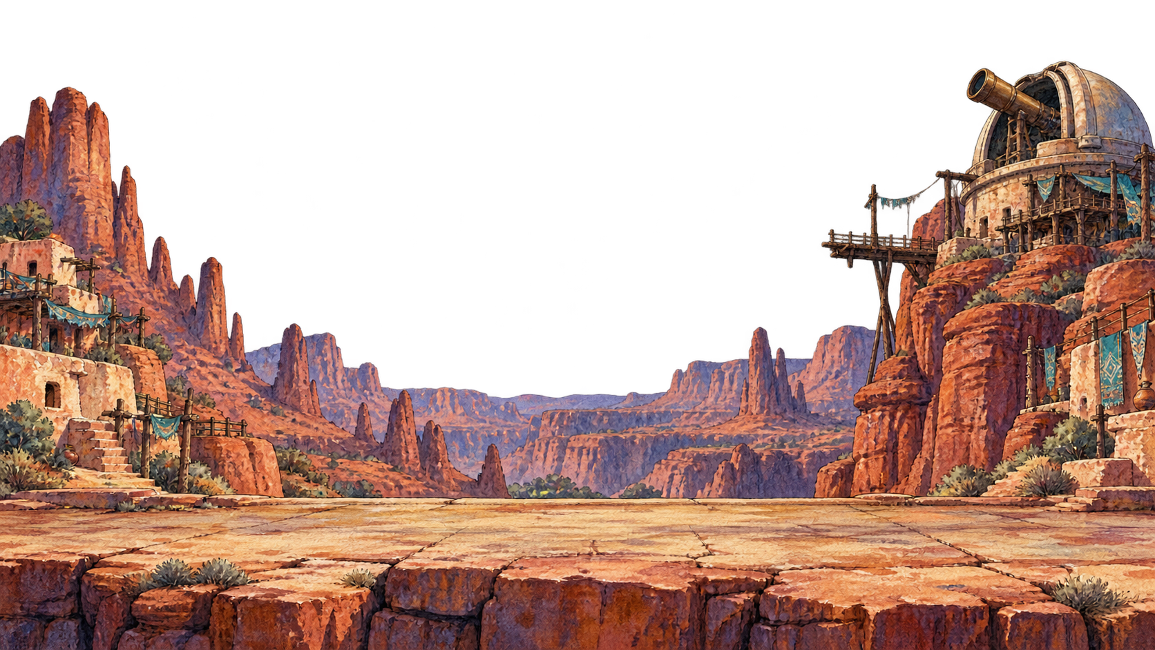 The painted red stone of Cosmo Canyon at dusk