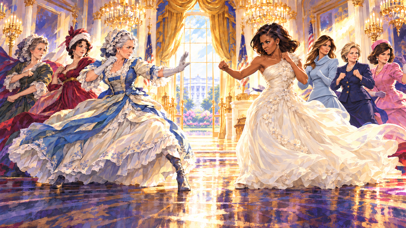 Martha Washington and Michelle Obama in her white floral inaugural gown face off in the painted East Room. Hillary Clinton joins Melania Trump and Jacqueline Kennedy on the right, leaving the central window clear; Abigail Adams and Dolley Madison stand on the left.