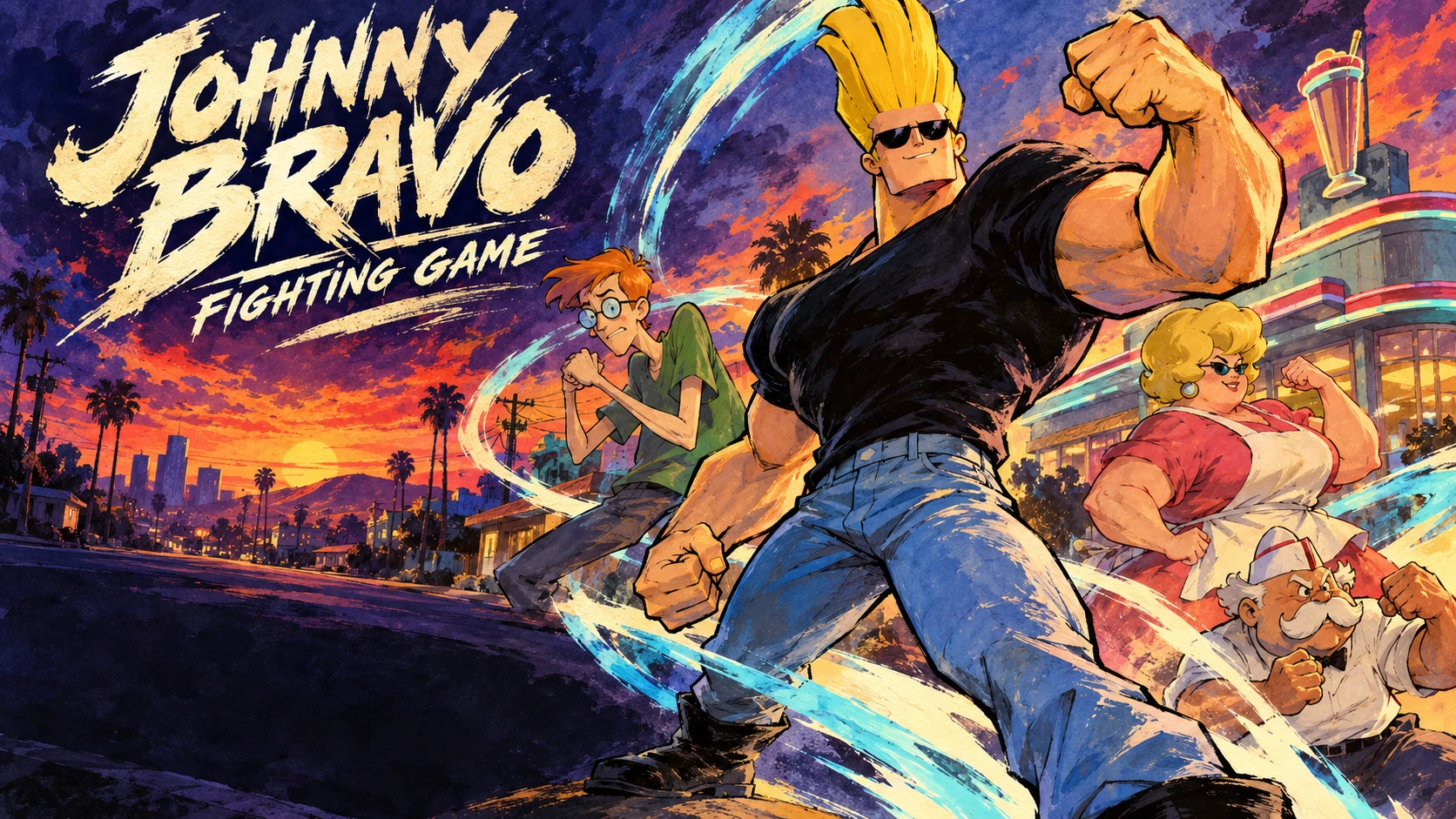 Painted Johnny Bravo flexes in front of Carl, Bunny Bravo, and Pops on an Aron City street at sunset. Johnny Bravo Fighting Game is painted across the sky.