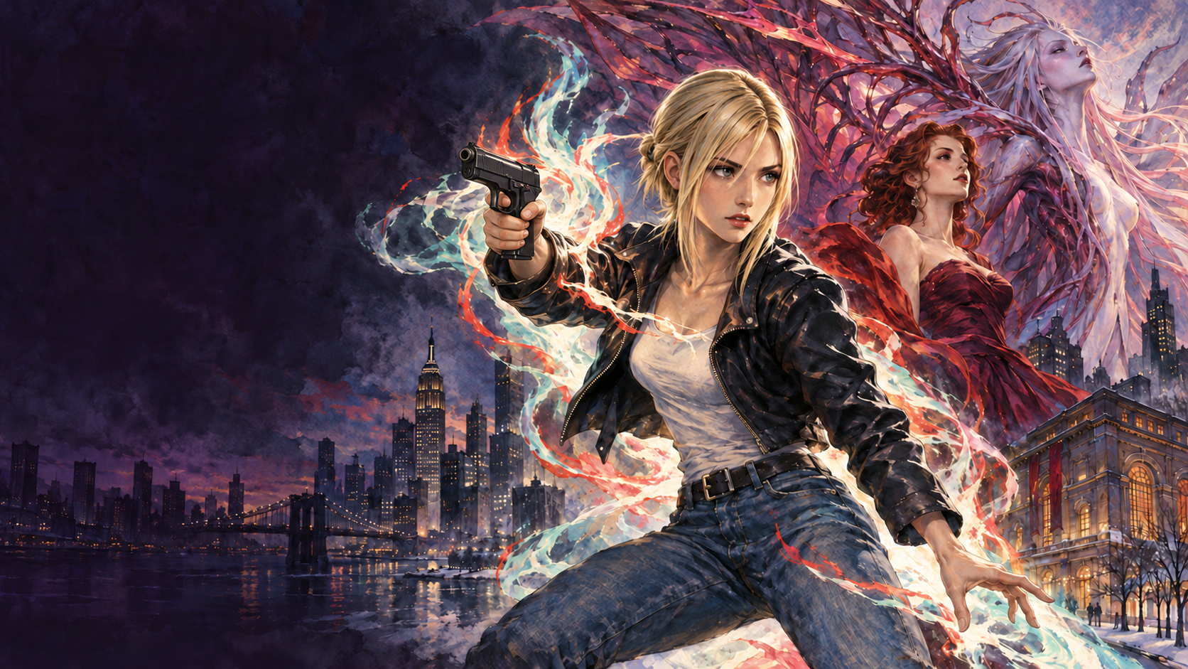 Painted Aya Brea faces Melissa and Eve over the New York skyline