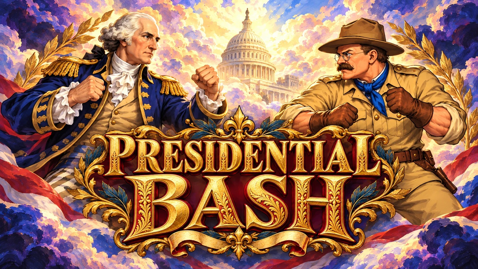 Painted Washington and Roosevelt facing off beneath the Presidential Bash gold title and Capitol dome.