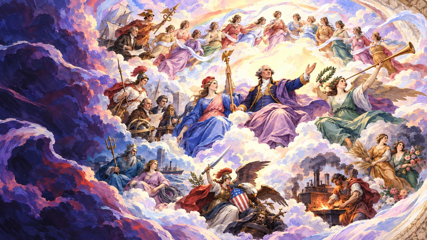 Washington among clouds and allegorical figures in a painted fantasy adaptation of The Apotheosis of Washington.