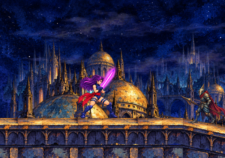 Actual build 0.4 gameplay with layered painted citadel architecture, independent clouds and smoke, and distant lights.