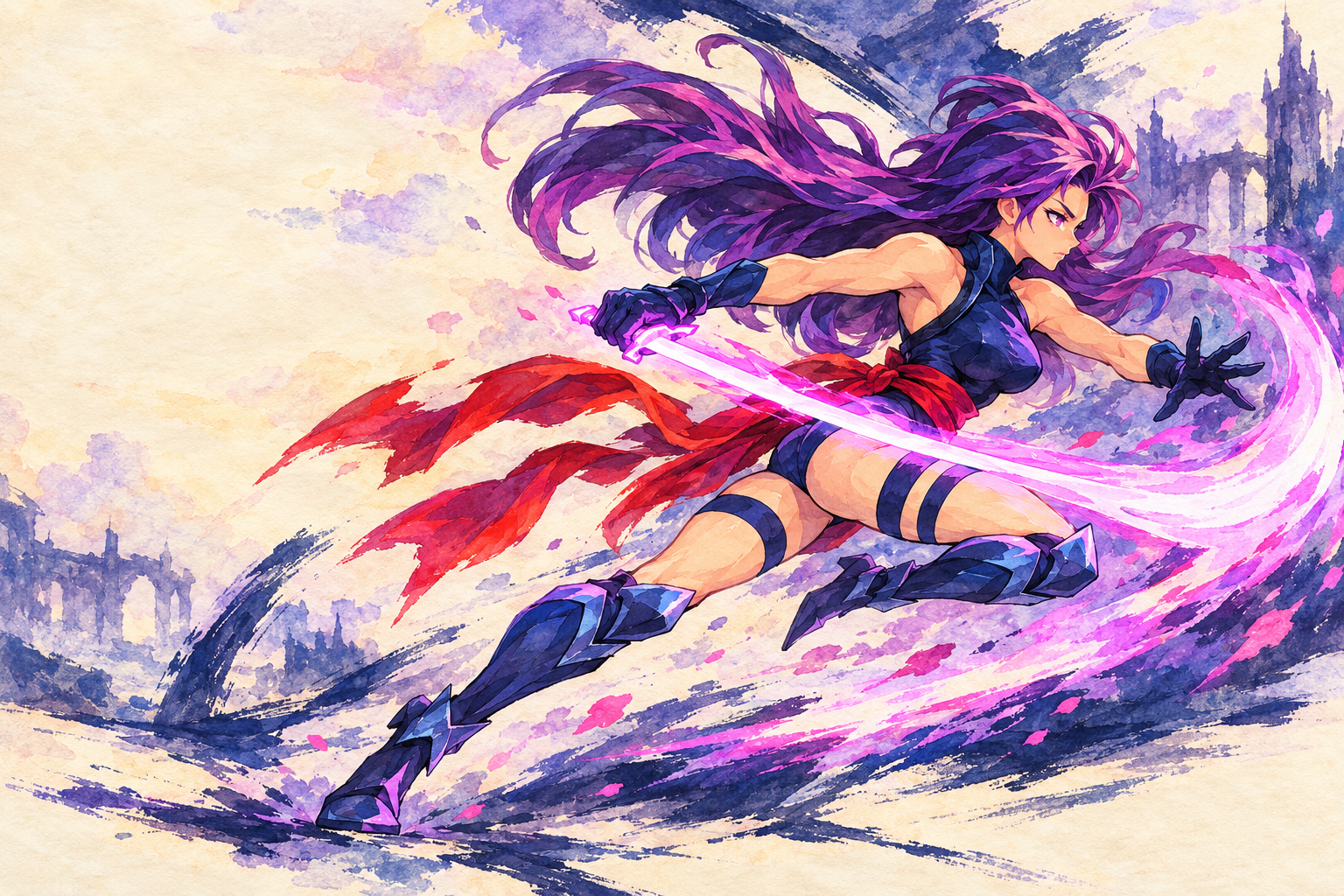 Psylocke leaps into a running slash, her violet hair and red sash trailing behind a bright psychic blade, painted in watercolor and ink.