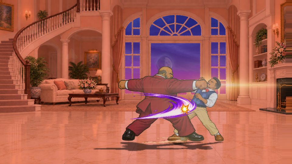 Philip performs his arms-out Banks Family Lariat in the live fighting arena.